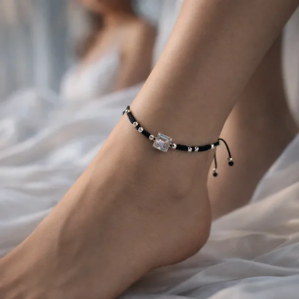 Silver Cube Charm Adjustable Black Thread Anklet
