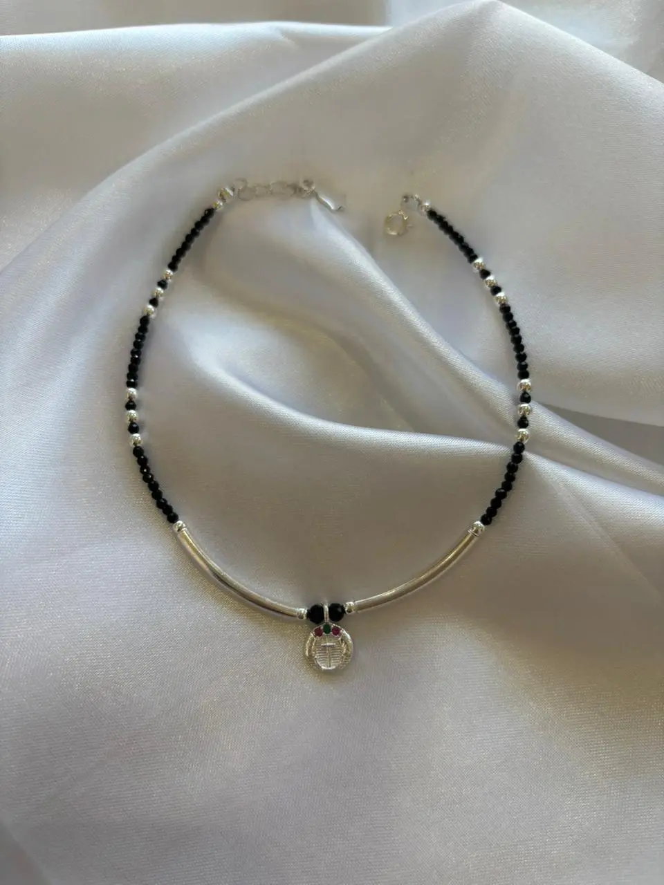 Silver Bar Charm Beaded Anklet - Image 2