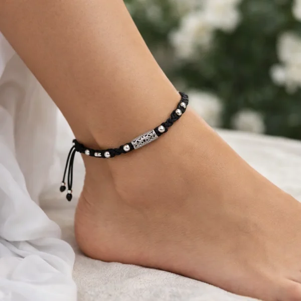 Silver Bead Accent Adjustable Black Thread Anklet