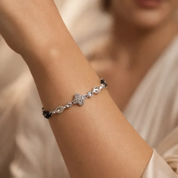 Midnight Bloom Silver Beaded Bracelet