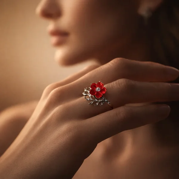 Crimson Bloom Vine Ring